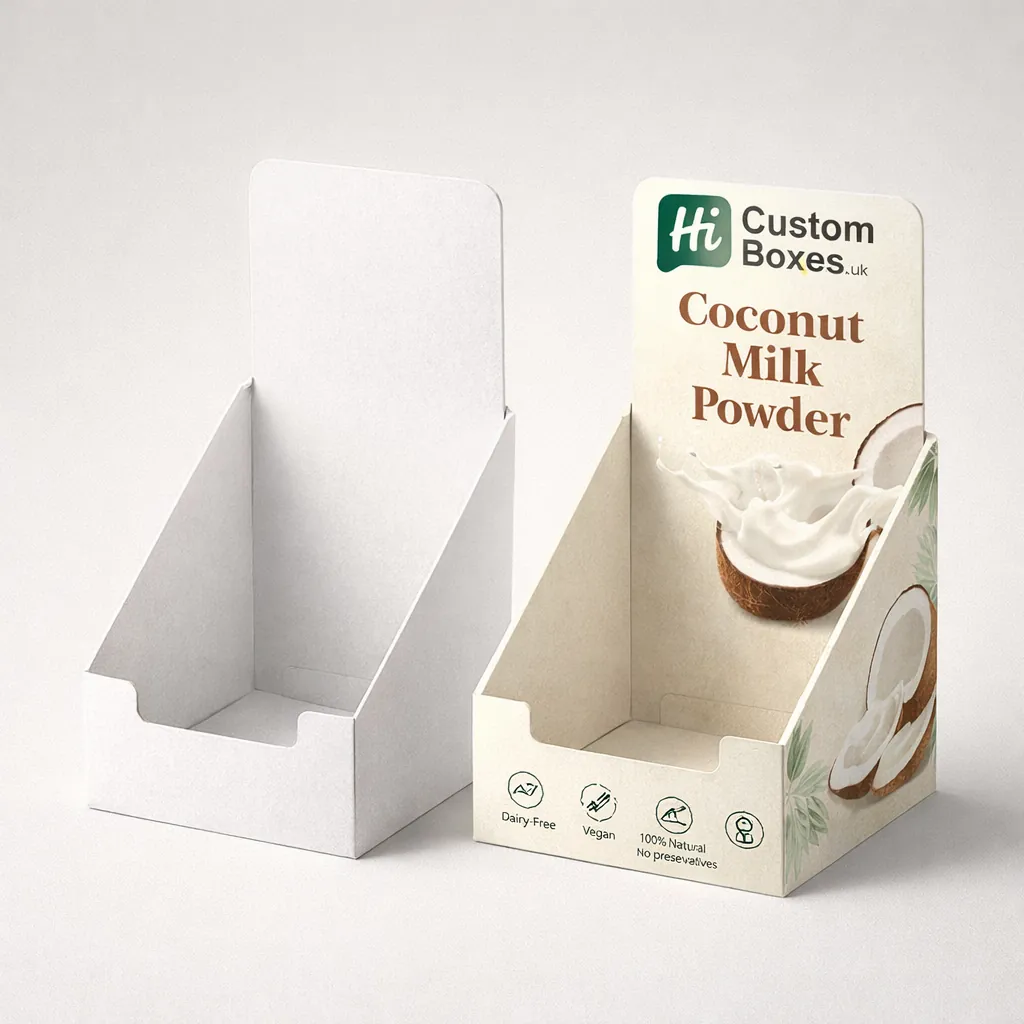 Custom cardboard counter display unit featuring branded coconut milk powder packaging with a tropical design. class=